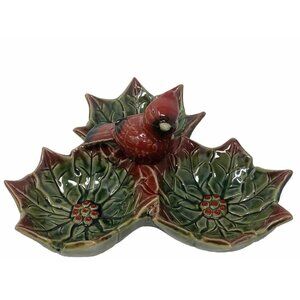 Brighten the Season Holly Leaf With Red Cardinal 3 Section Candy Nut Dish